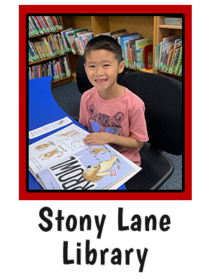 Stony Lane Library and happy boy reading a book in library.